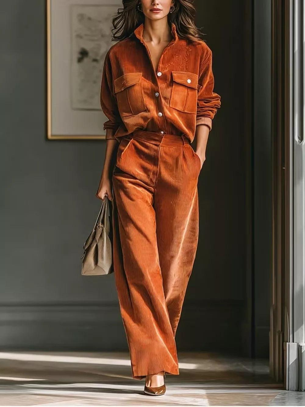 Corduroy Button-Down Shirt and Wide-Leg Pants Two-Piece Set