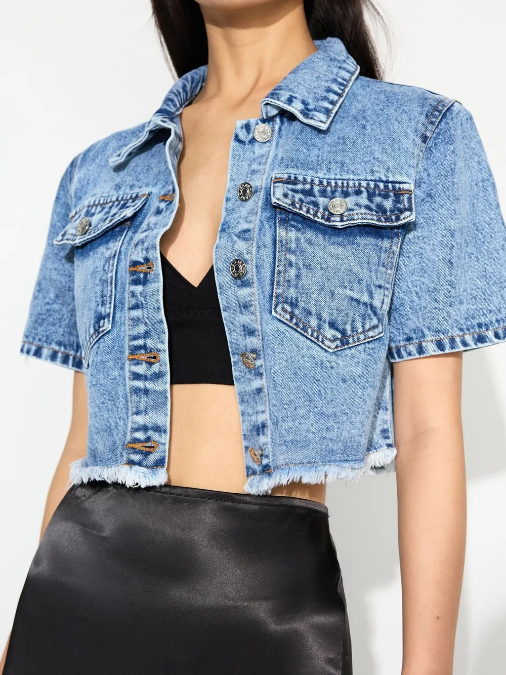Cropped Short Sleeve Denim Jacket with Frayed Hem