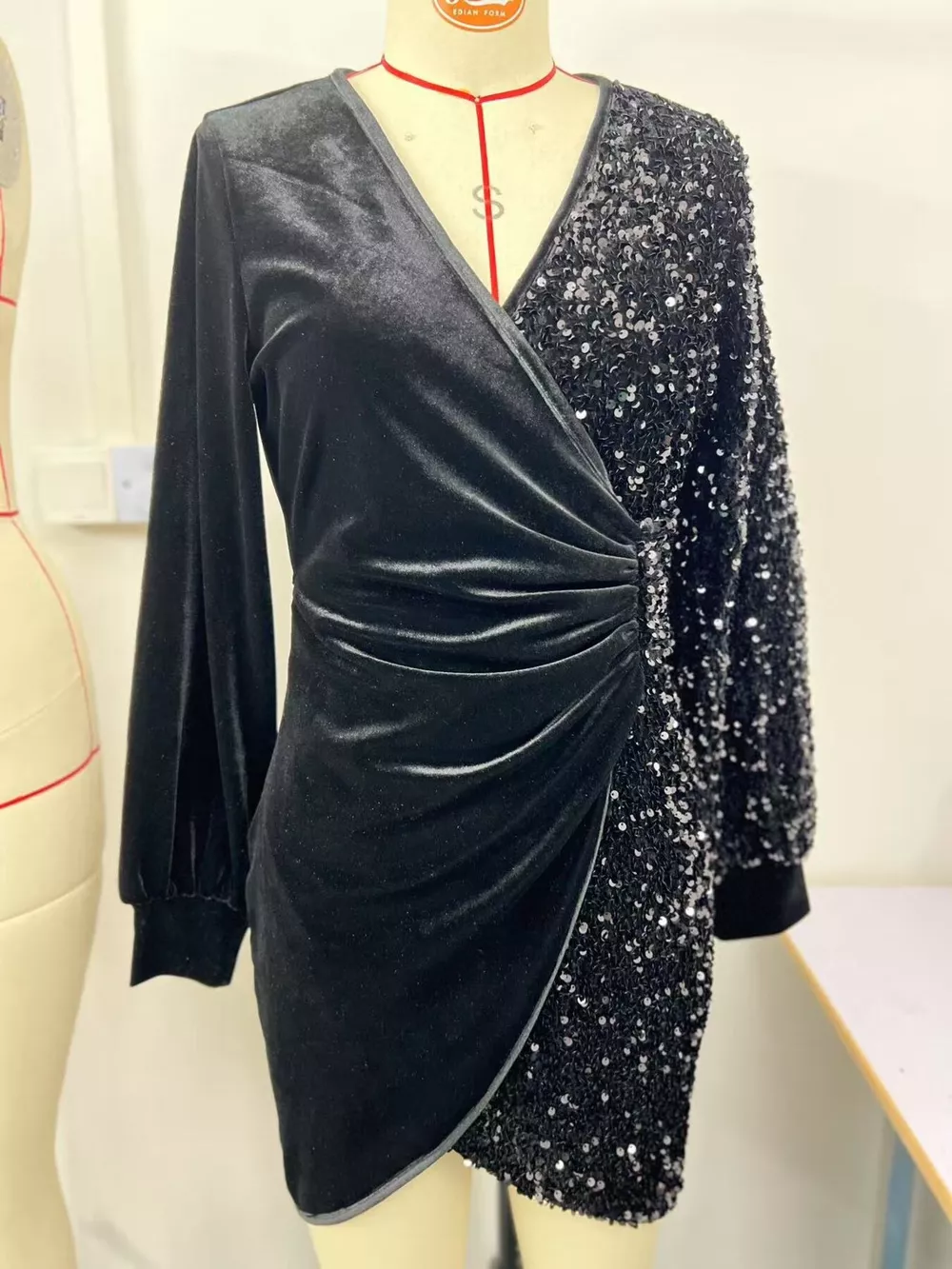 Velvet Sequin Long Sleeve Wrap Dress, image 4