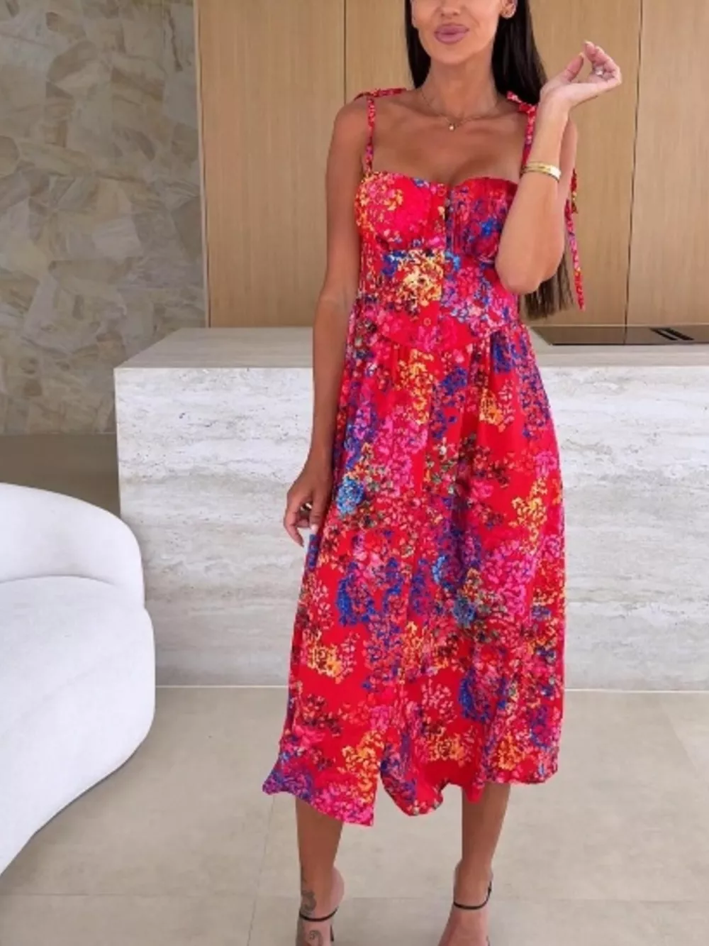Printed Tie-Strap Midi Dress, image 6