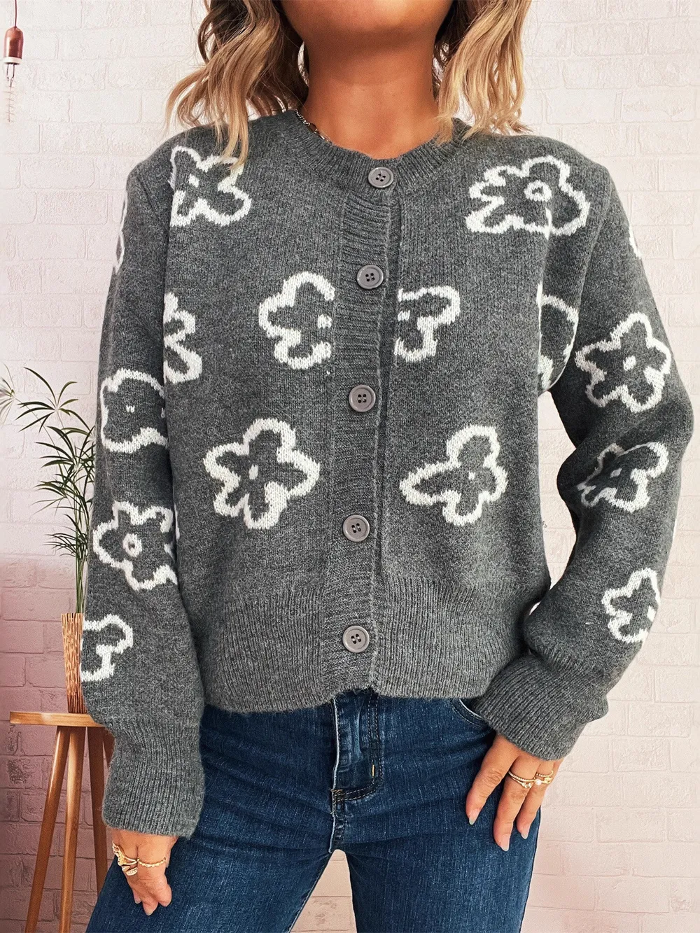 Floral Pattern Button-Up Cardigan