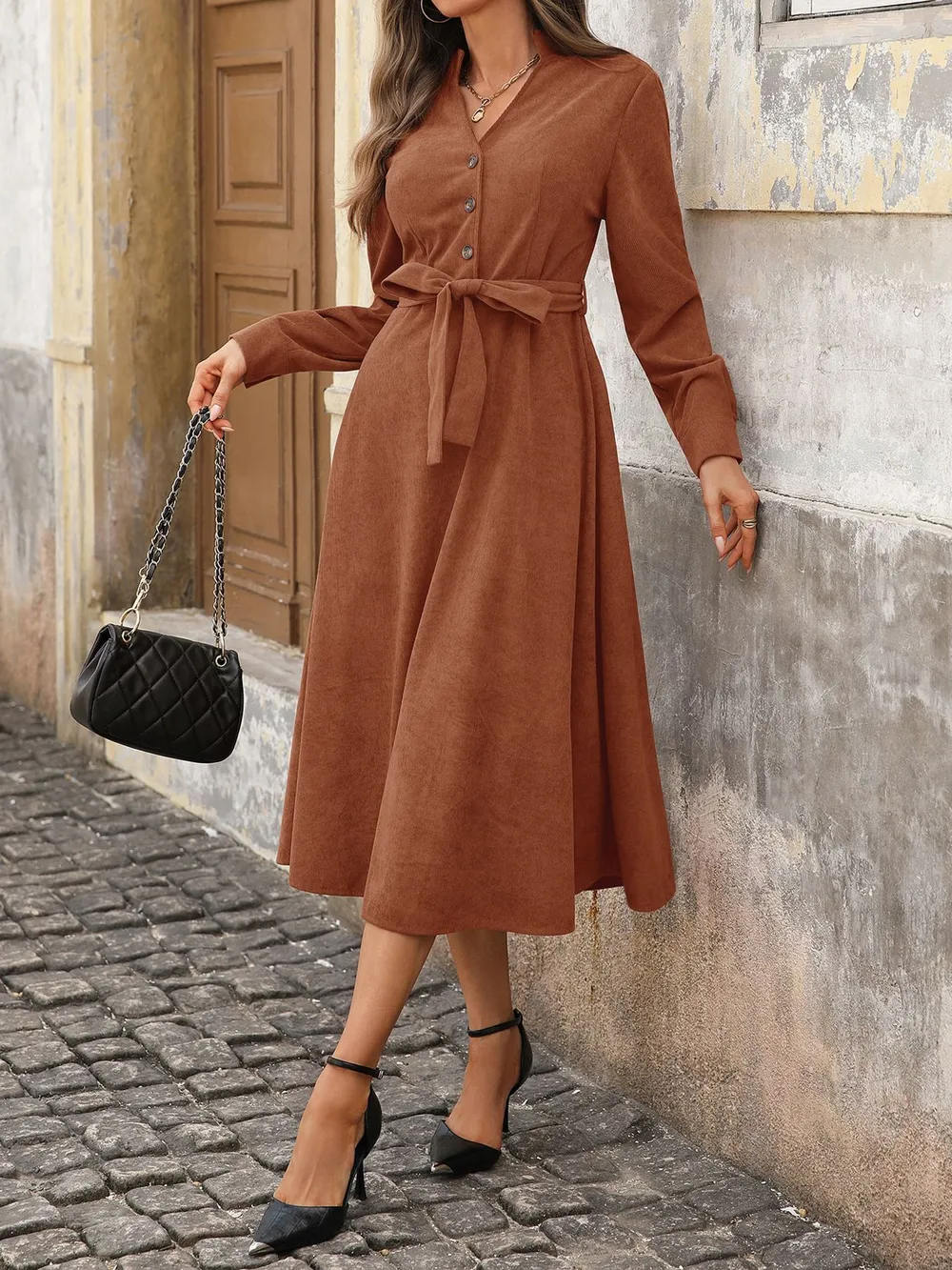 Long Sleeve Button Front Belted Midi Dress, image 10
