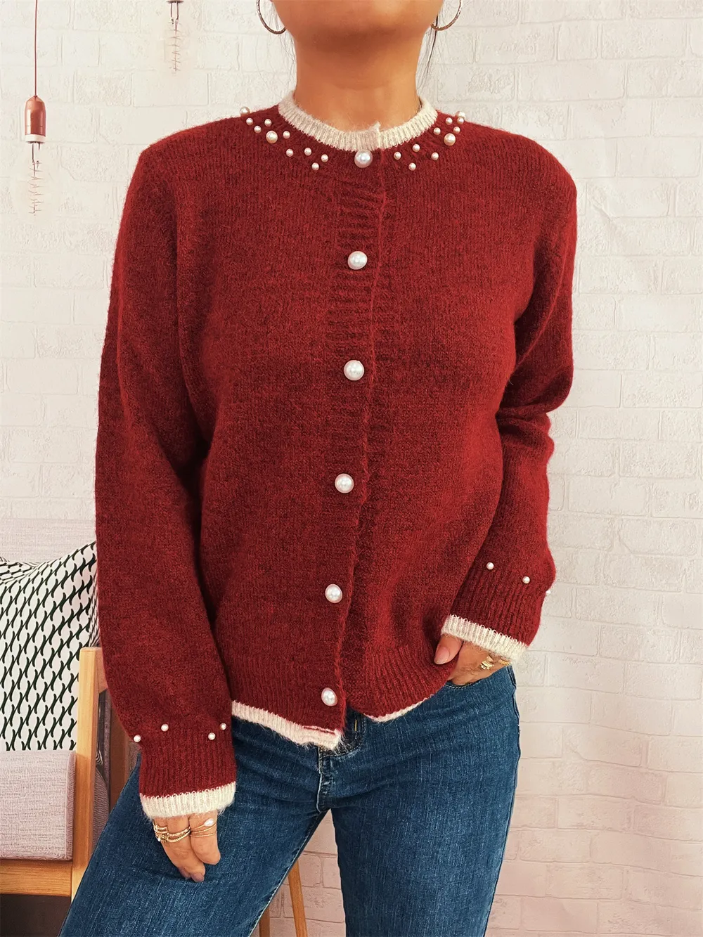 Pearl Embellished Button-Front Cardigan, image 6