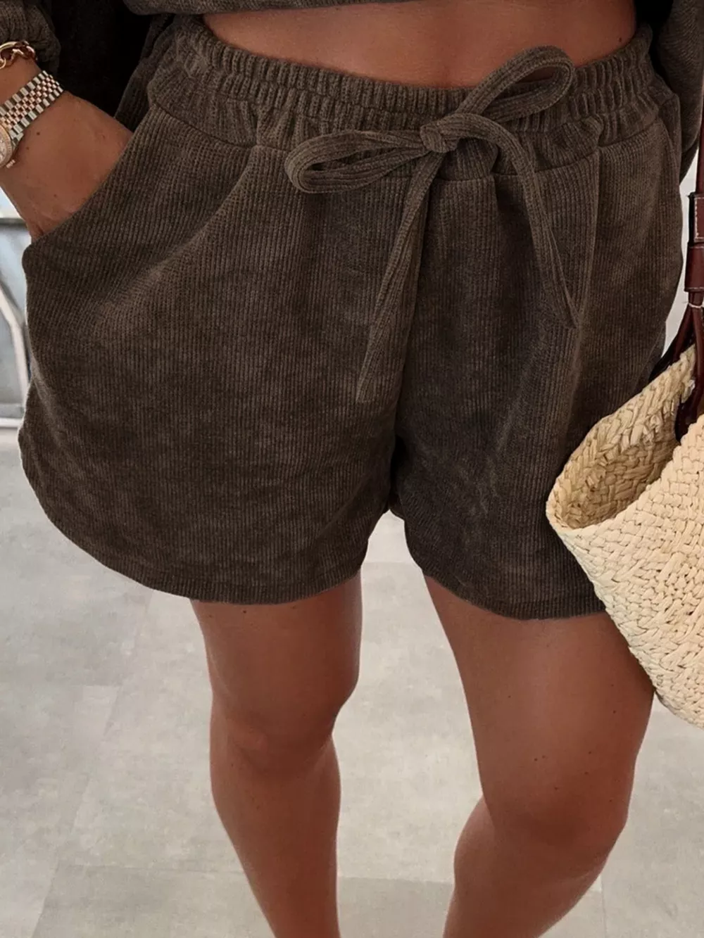 Casual Corduroy Long Sleeve Top and Drawstring Shorts Set, image 3