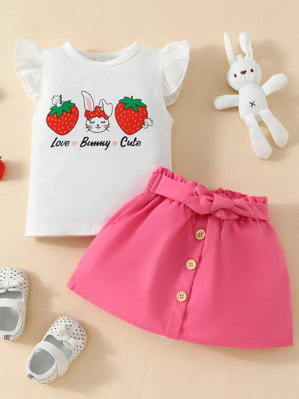 Children's Strawberry Bunny Graphic Ruffle Sleeve Top and Skirt Set, image 2