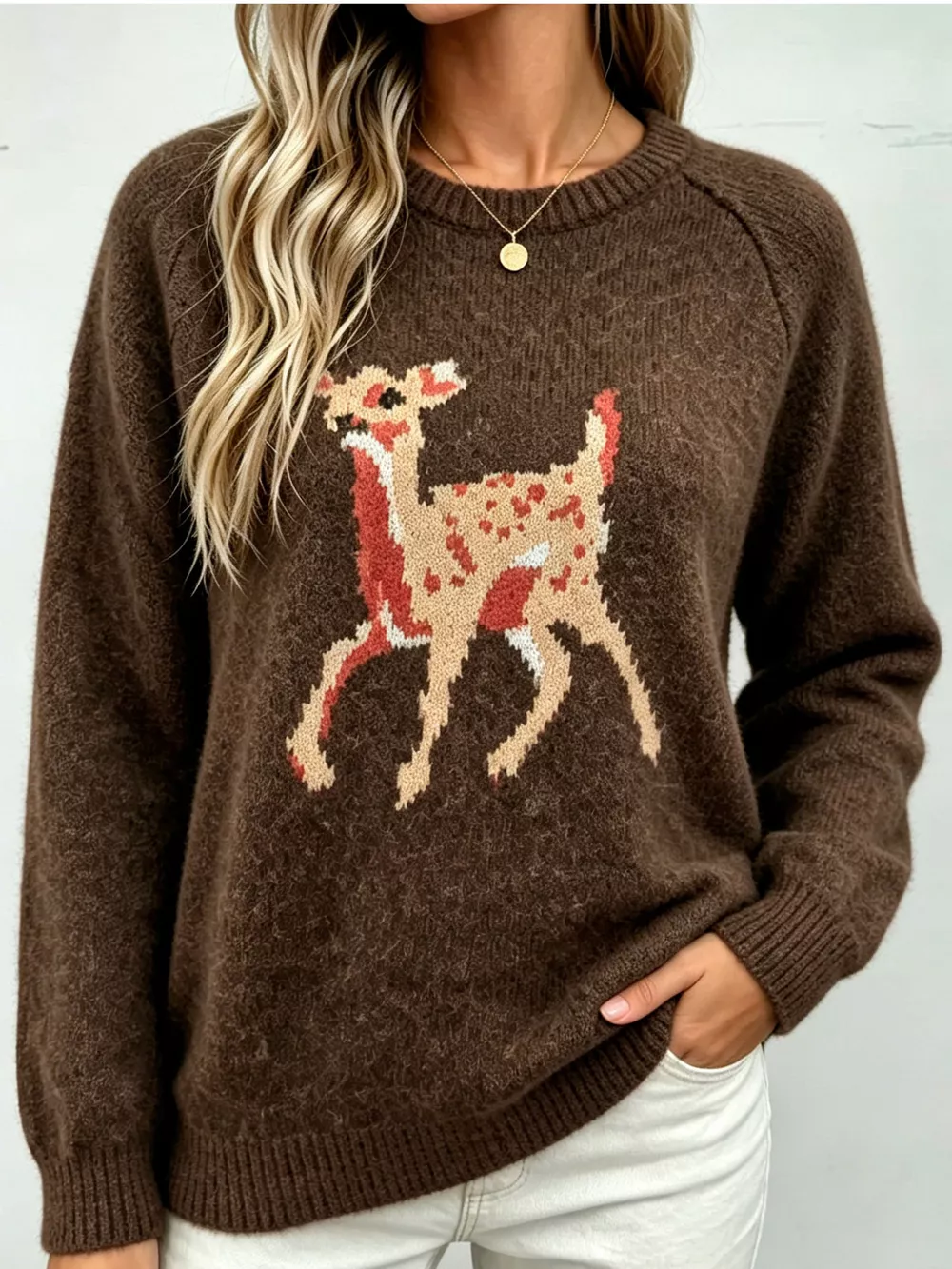 Deer Pattern Raglan Sleeve Sweater, image 2