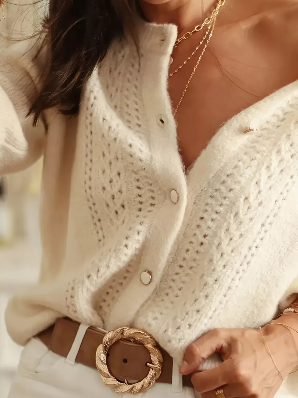 Button-Down Eyelet Long Sleeve Cardigan, image 3