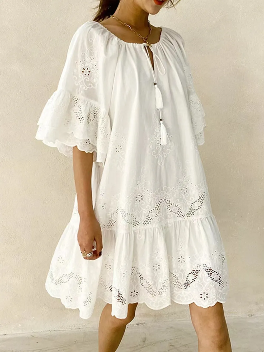 Eyelet Embroidered Tassel Tie Neck Dress, image 2