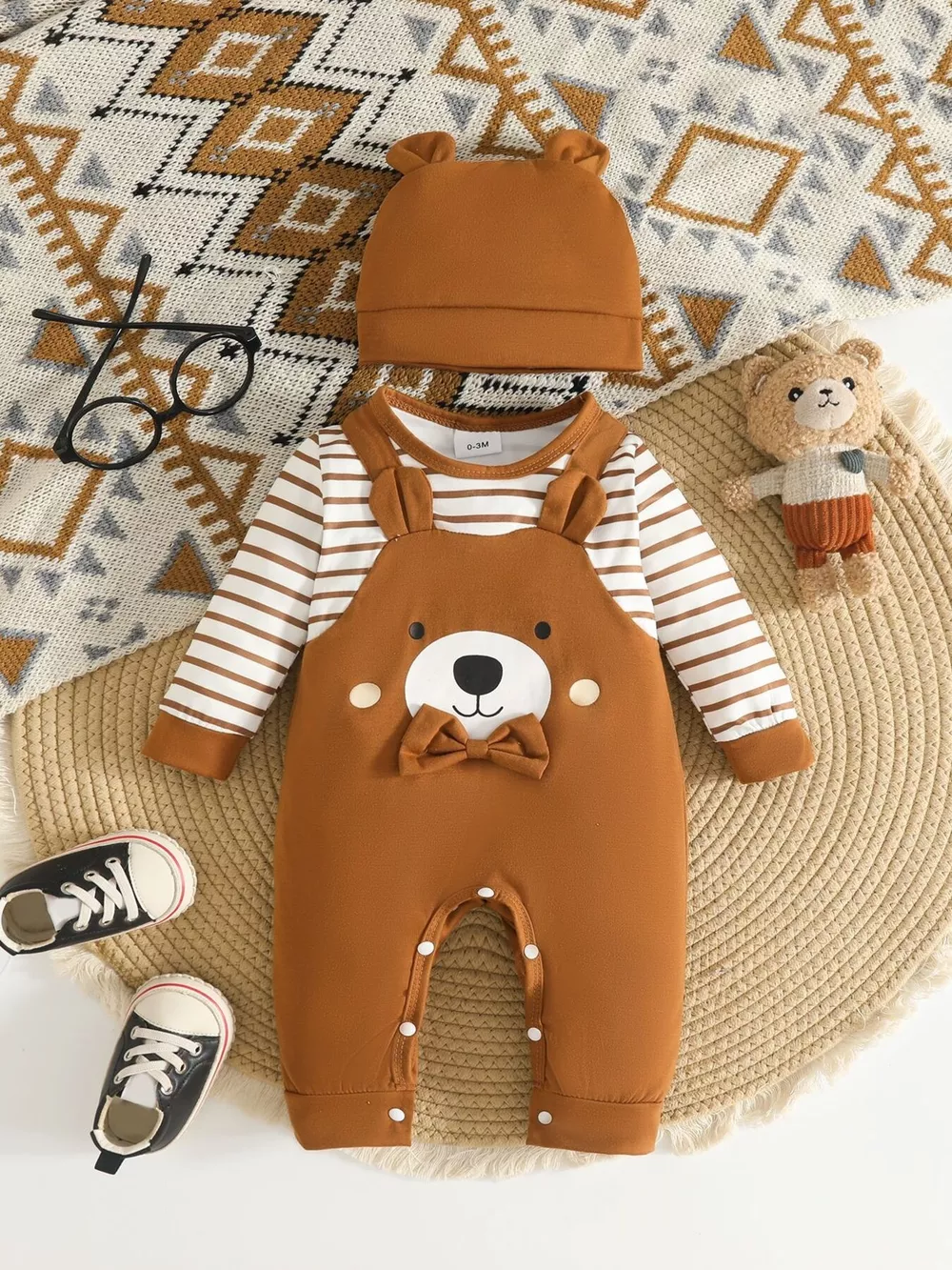 Children's Bear Pattern Long Sleeve Jumpsuit and Hat Set