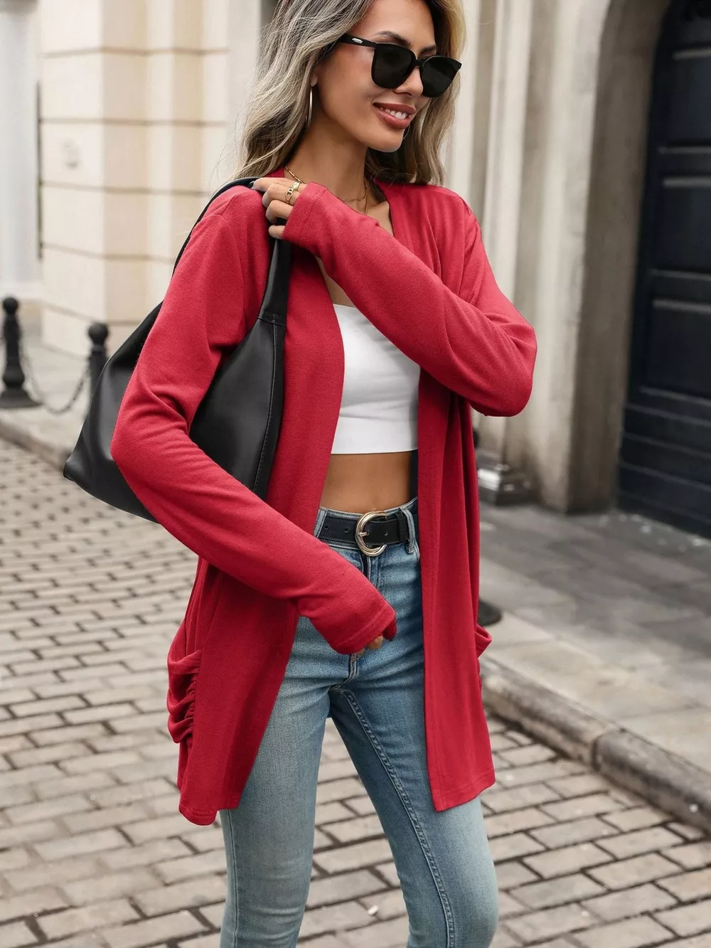 Ruched Pocket Open Front Cardigan, image 6