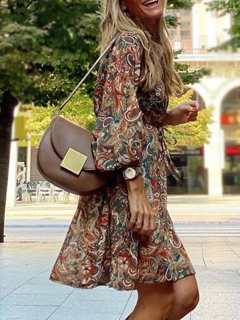 Full Size Paisley Print Long Sleeve Mini Dress Plus Size, image 3