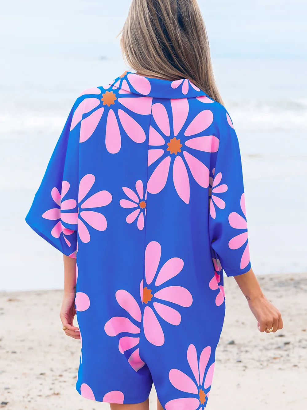 Summer Flower Print Shirt Collar Button Front Loose Romper, image 15