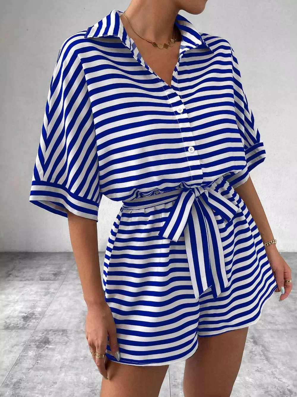 Striped Button Front Half Sleeve Romper, image 6