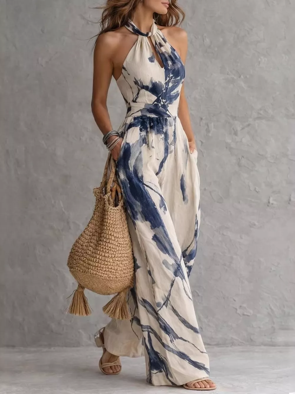 Ink Wash Print Halter Neck Wide-Leg Jumpsuit, image 4