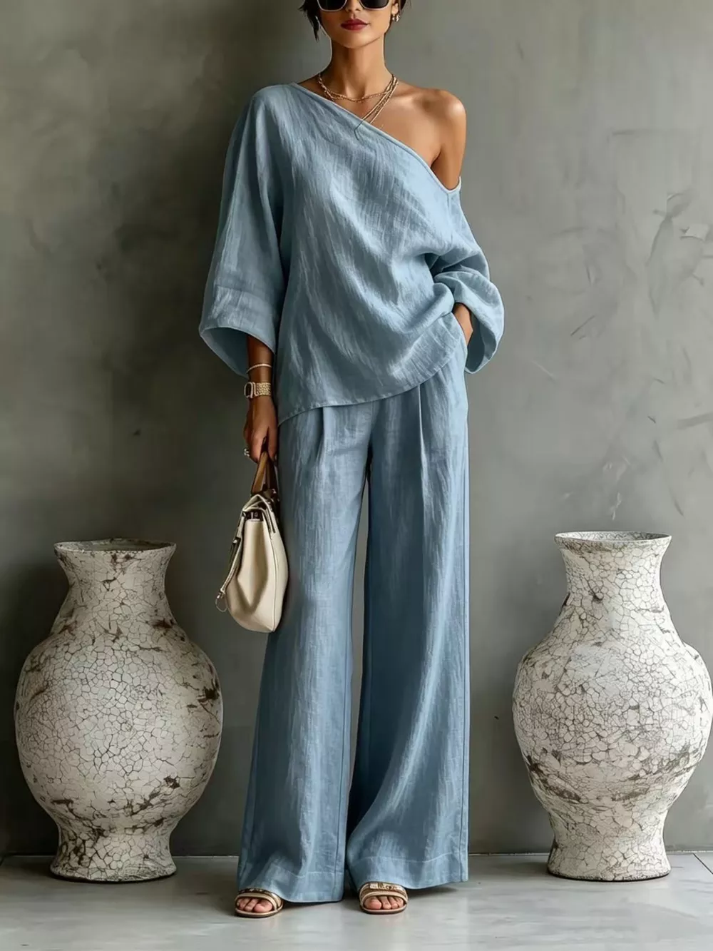 One Shoulder Top and Wide Leg Pants Set, image 7