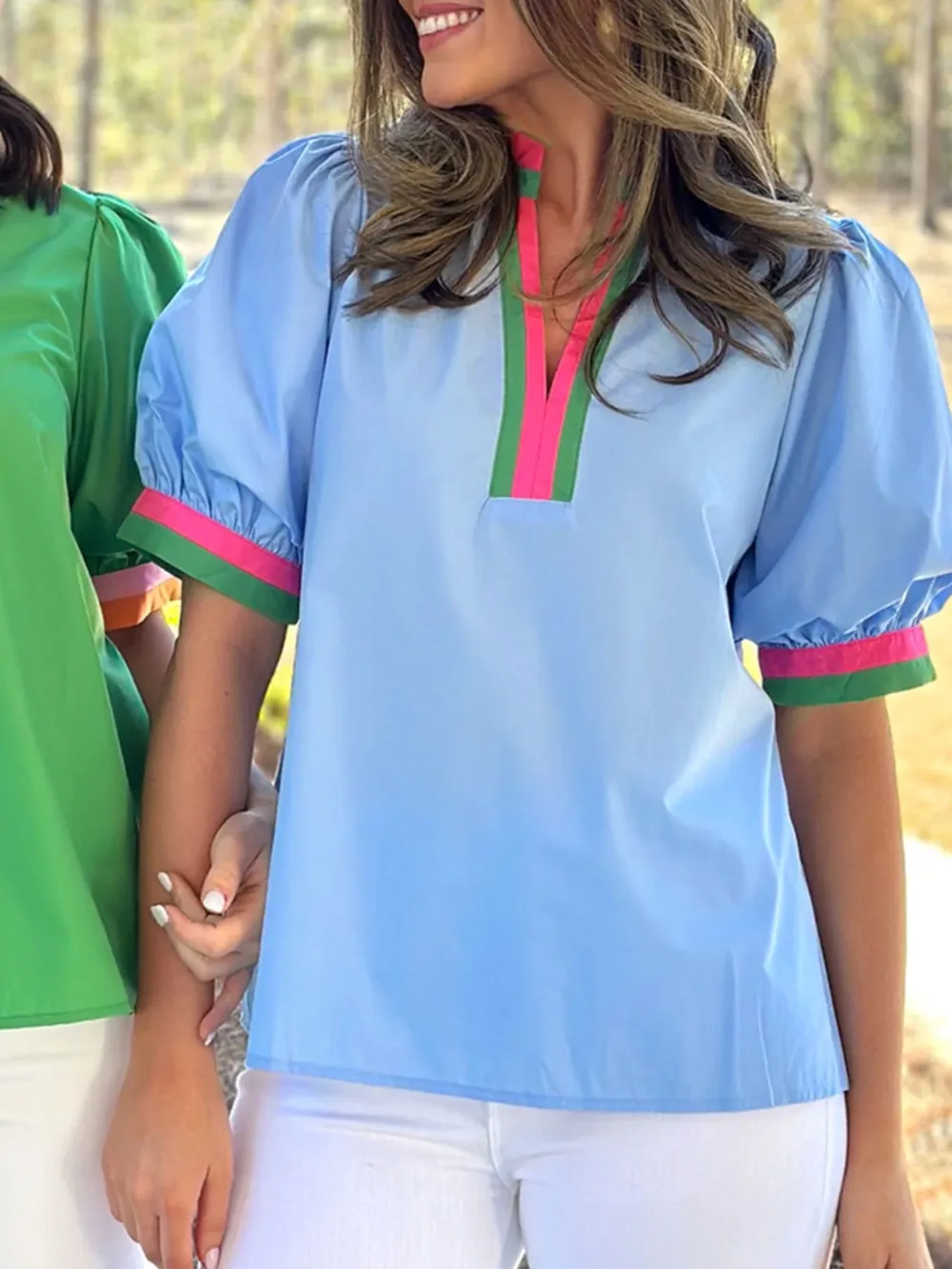 Contrast Trim Notched Short Sleeve Blouse, image 15