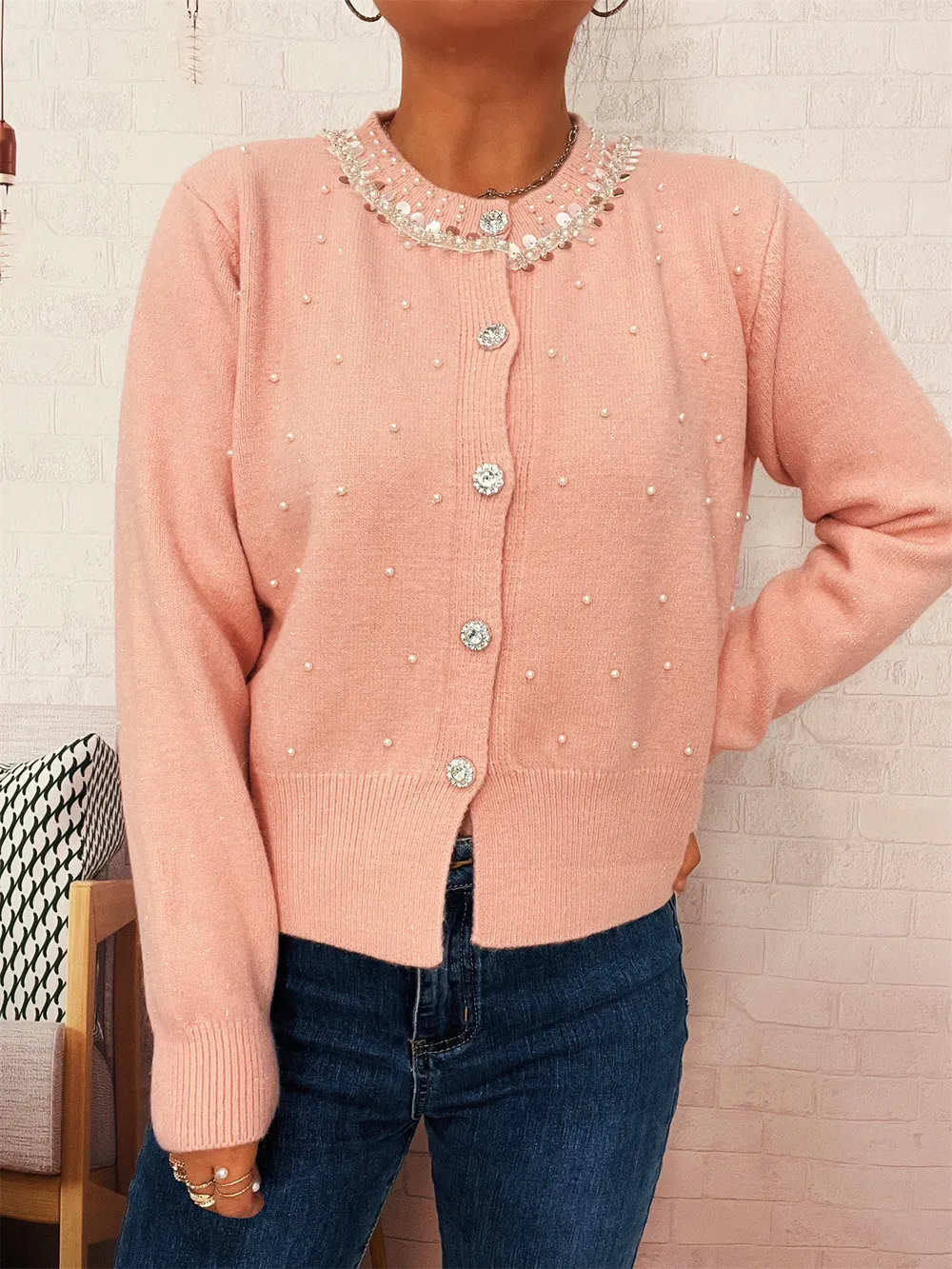 Pearl Detail Button-Front Cardigan, image 13