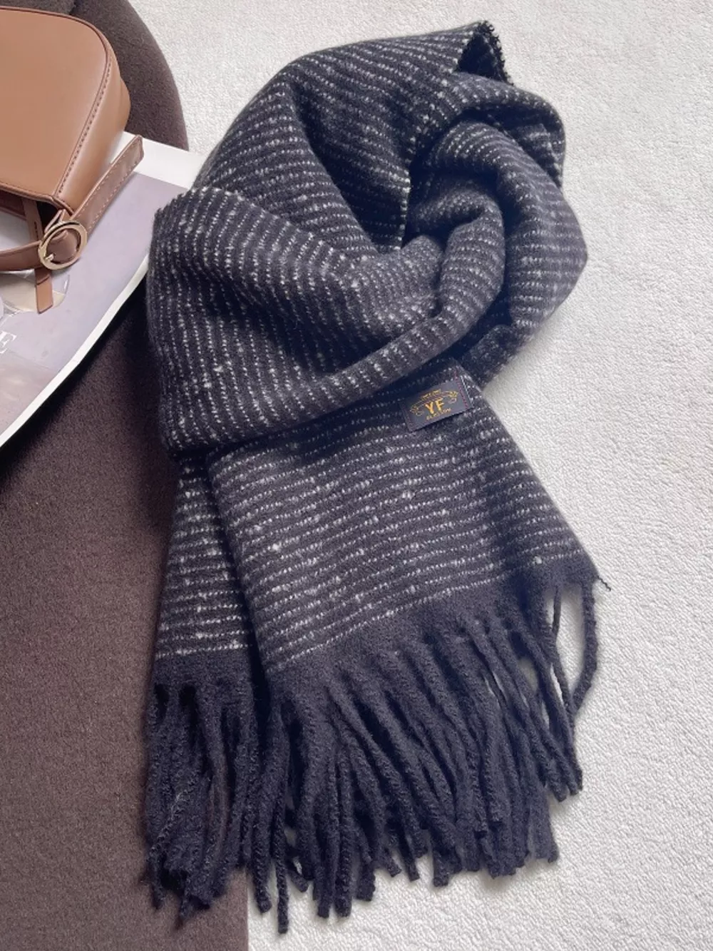 Warm Striped Tassel Scarf