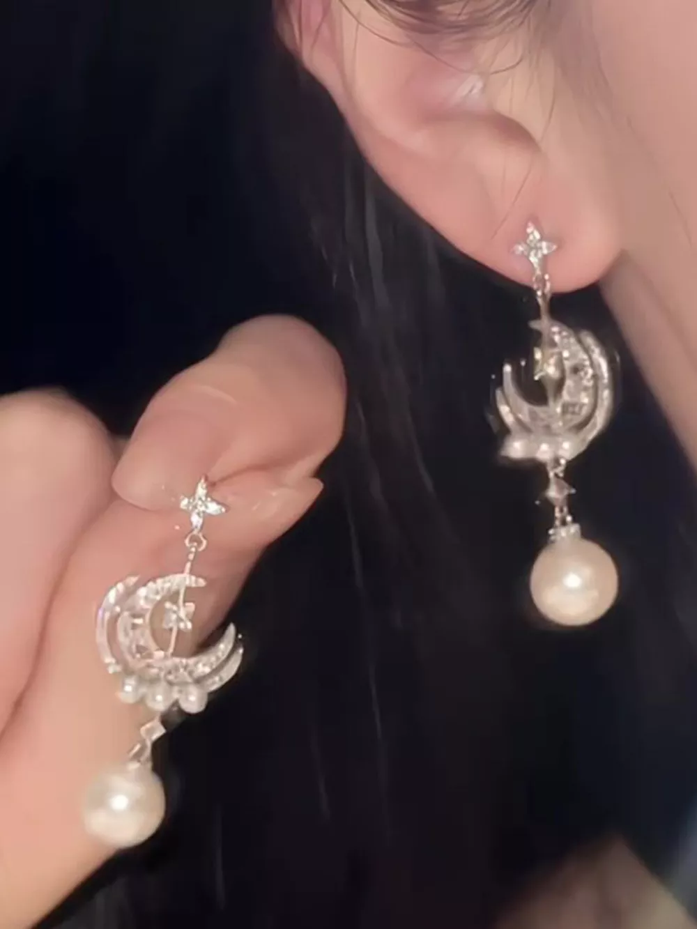 Moon & Star Pearl Dangle Earrings, image 2