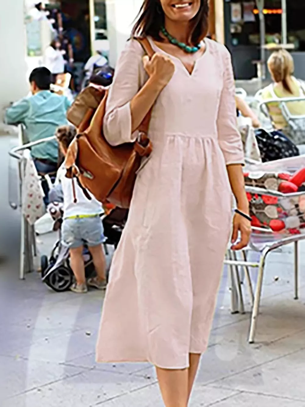 Full Size Notched 3/4 Sleeve Midi Dress Plus Size, image 3
