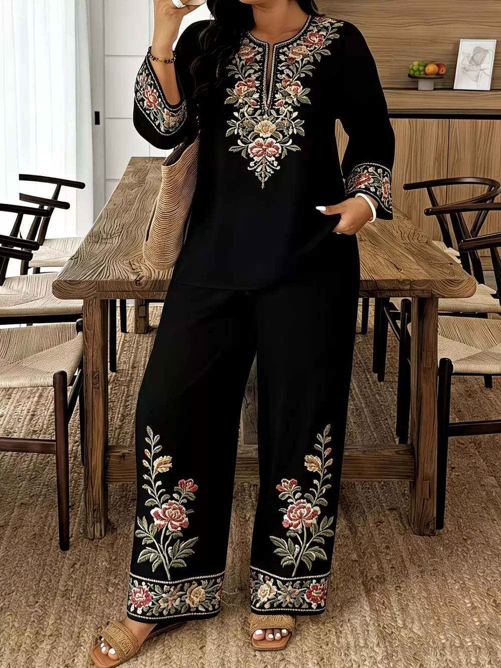 Full Size Embroidered Long Sleeve Top and Pants Set Plus Size, image 5