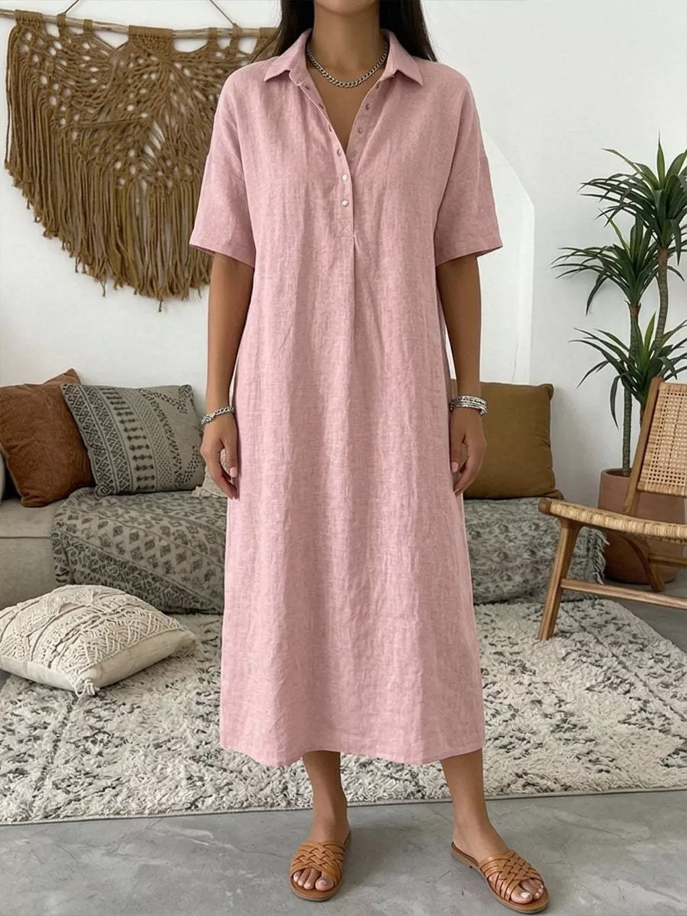 Full Size Button Detail Short Sleeve Midi Shirt Dress Plus Size, image 6
