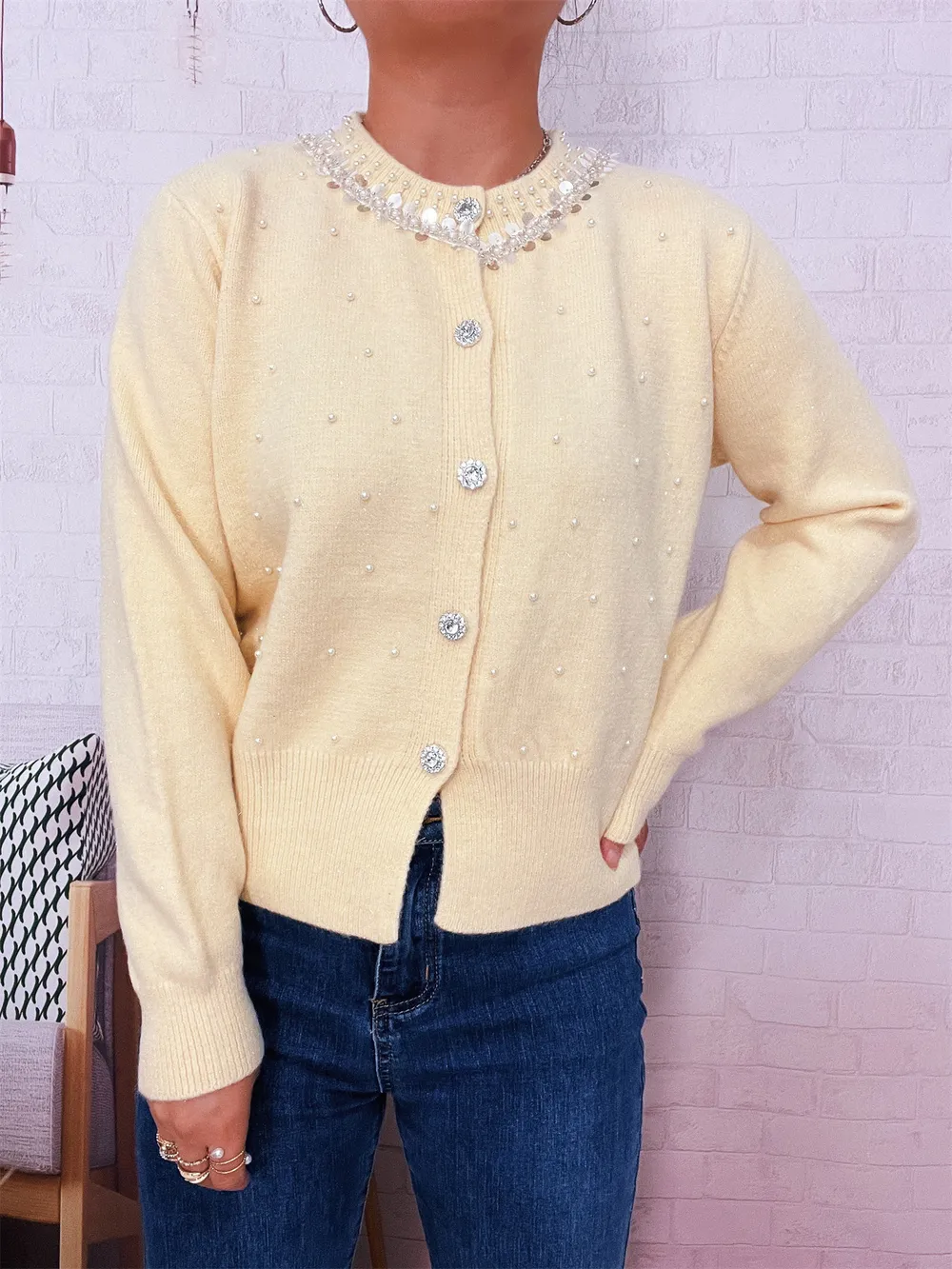 Pearl Detail Button-Front Cardigan, image 28