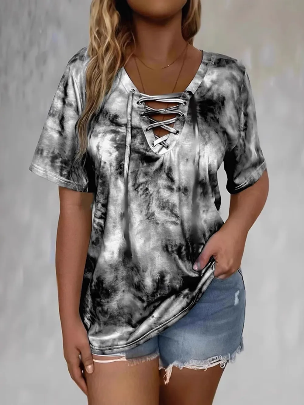 Tie Dye Lace-Up V-Neck Casual T-Shirt, image 6