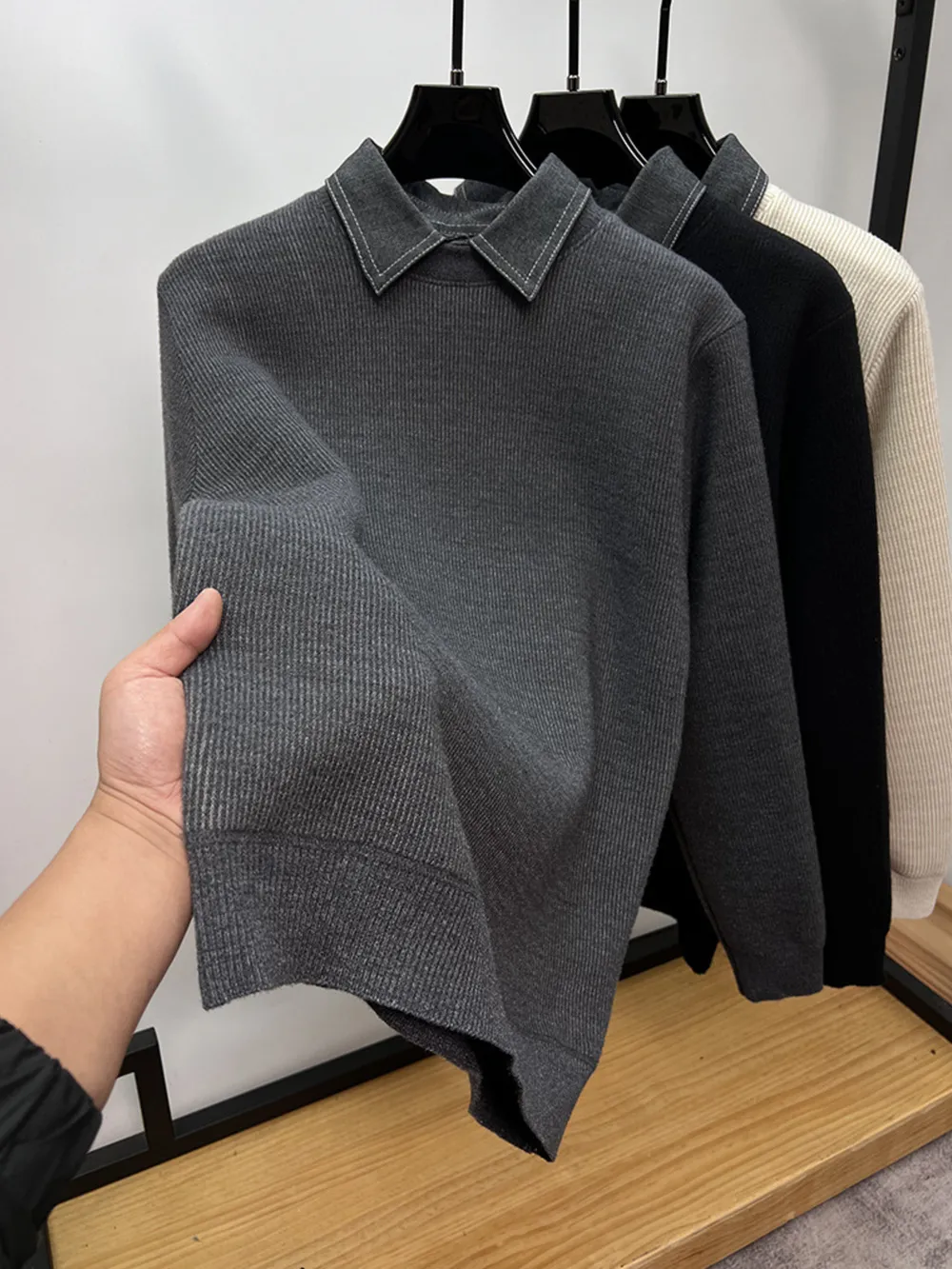 Men's Plus Size Ribbed Knit Collared Neck Sweater, image 8