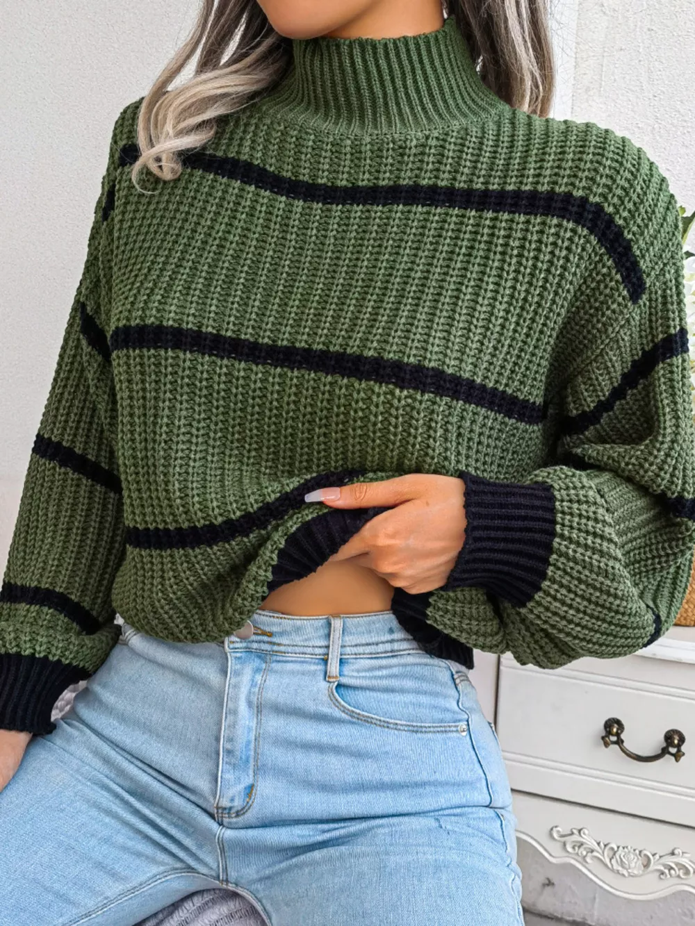 Striped Mock Neck Knit Sweater, image 14