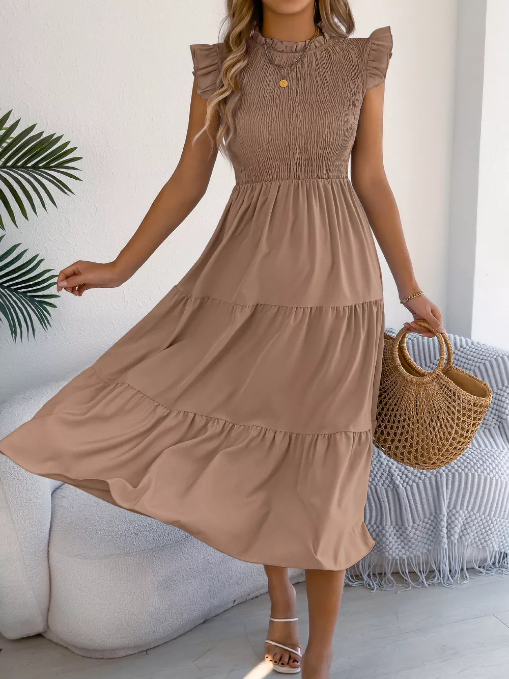 Smocked Ruffled Cap Sleeve Dress, image 15