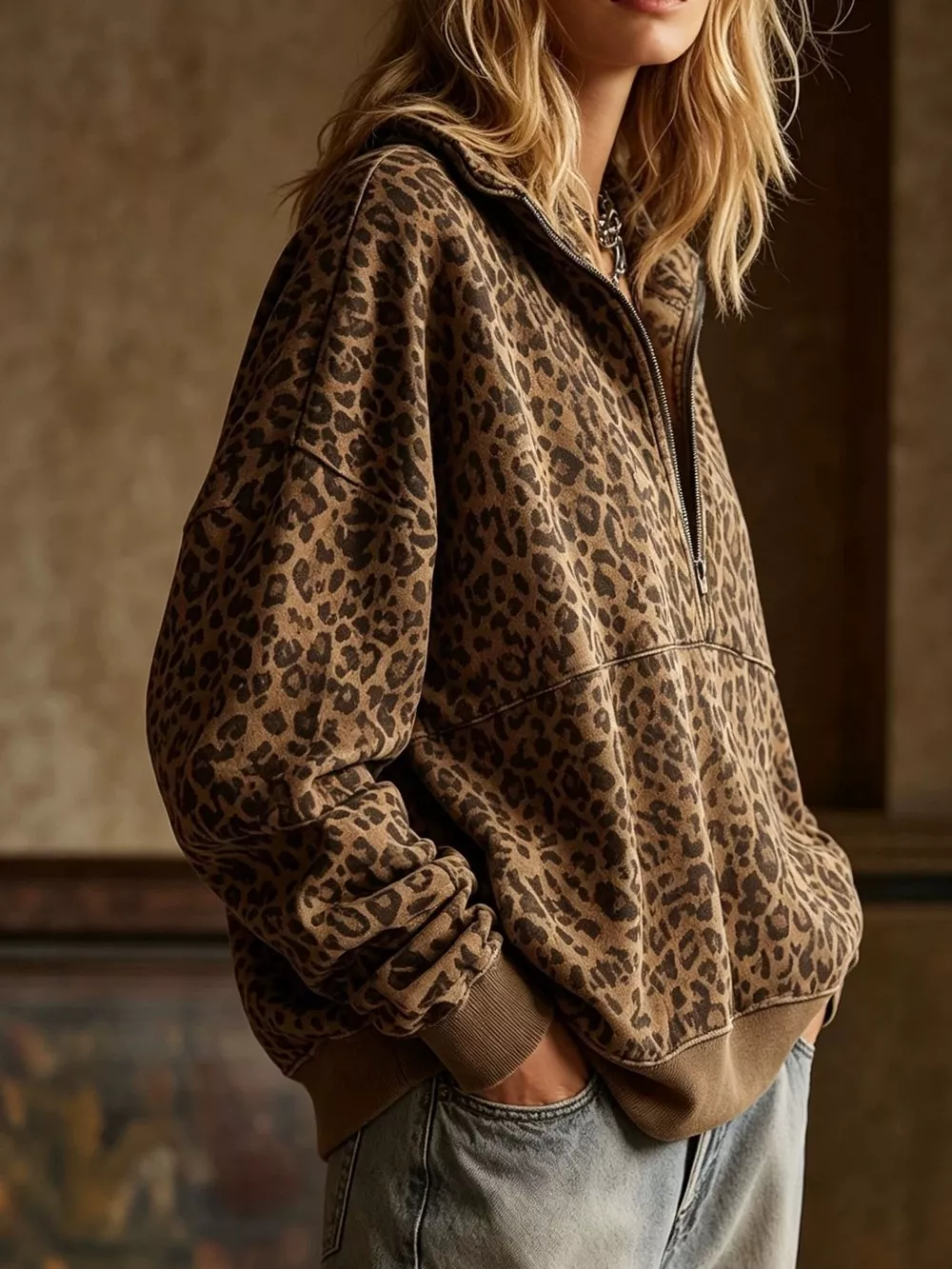 Leopard Half Zip Oversized Sweatshirt, image 3