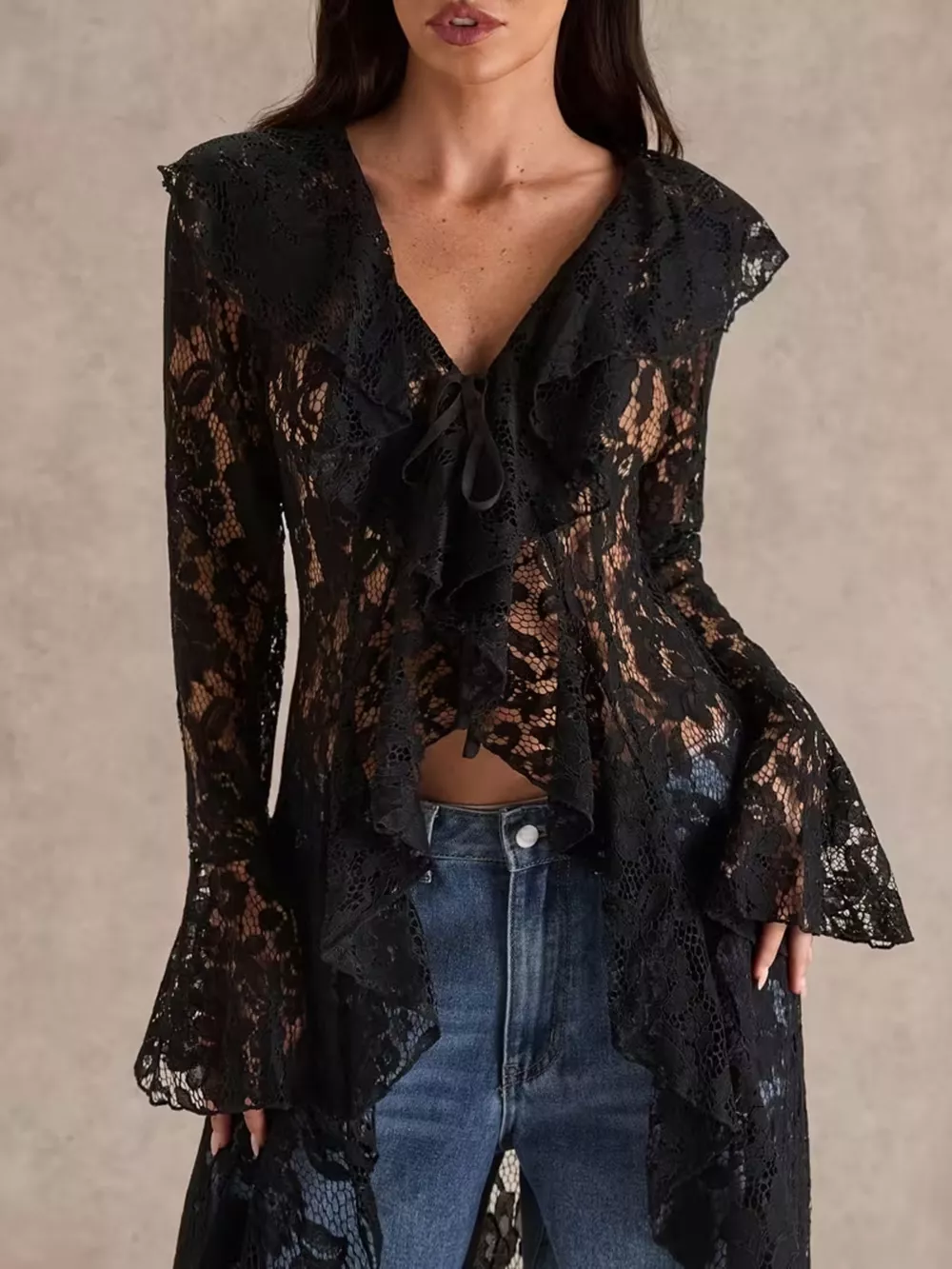 Lace Ruffle Trim High-Low Blouse, image 7