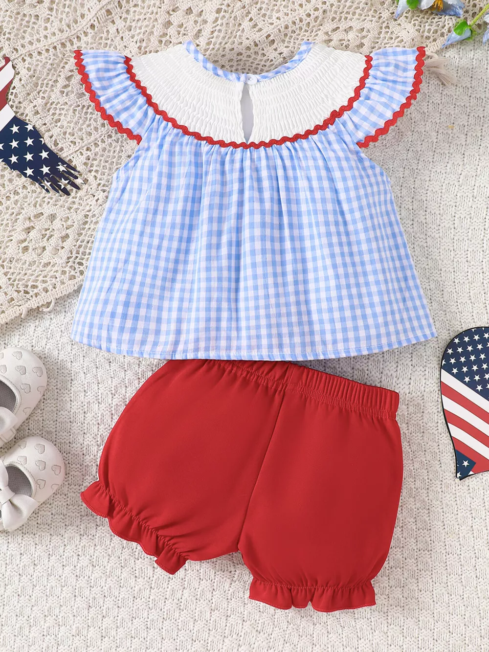Children's Patriotic Embroidered Gingham Top and Shorts Set, image 8