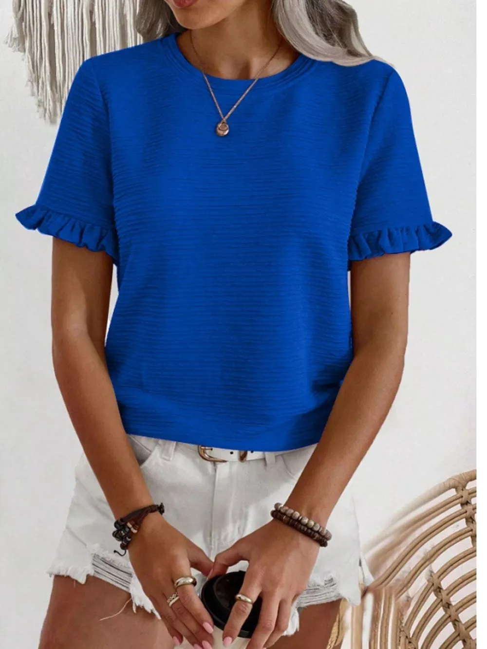 Textured Ruffle Sleeve Round Neck T-Shirt, image 14