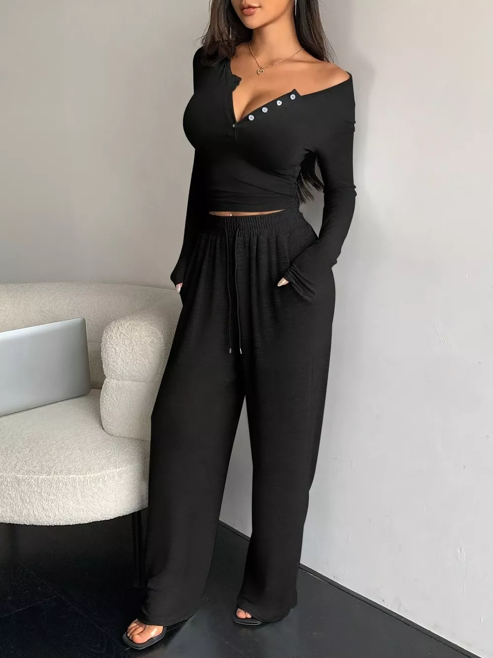 Button Detail Long Sleeve Top and Wide-Leg Pants Set