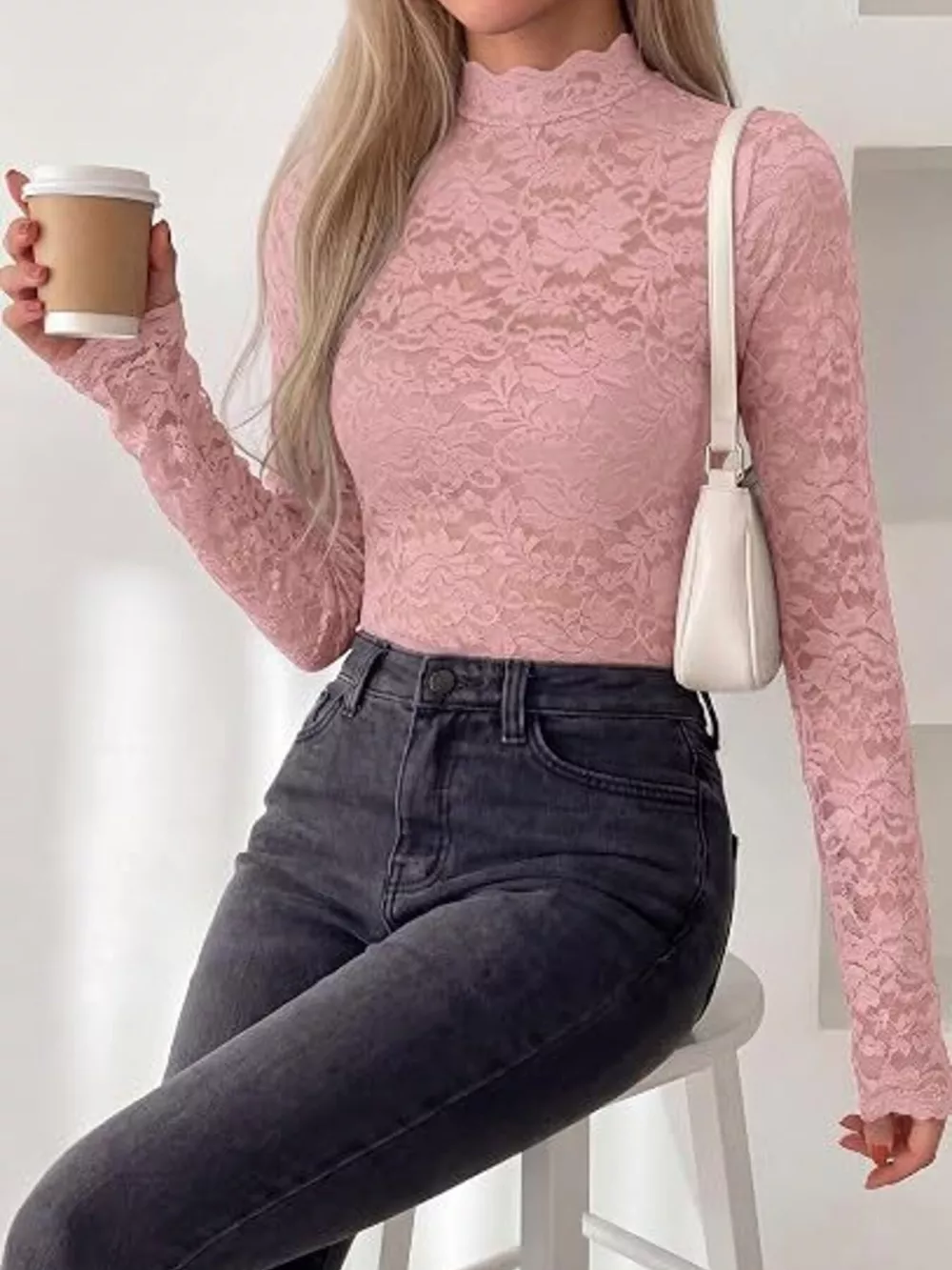 Mock Neck Floral Lace Long Sleeve Blouse, image 18