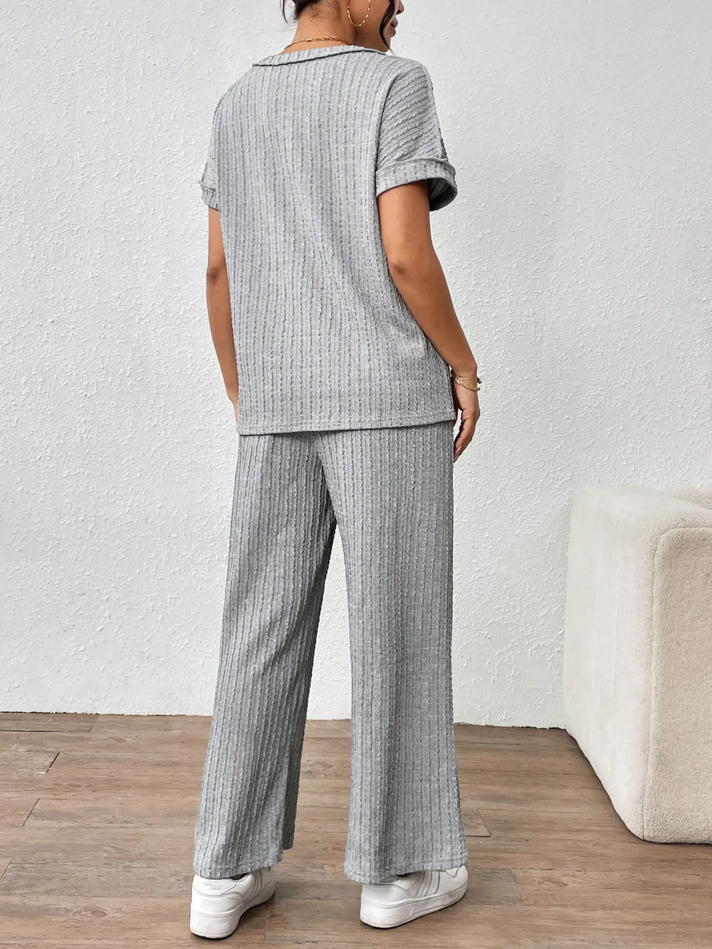 Round Neck Short Sleeve Top and Pants Set, image 2