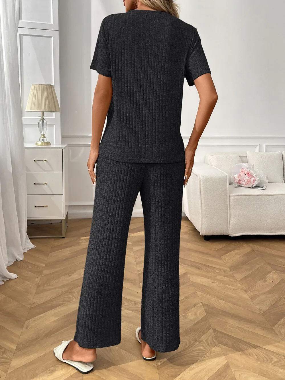 Ribbed Knit Short Sleeve Top and Pants Lounge Set, image 17