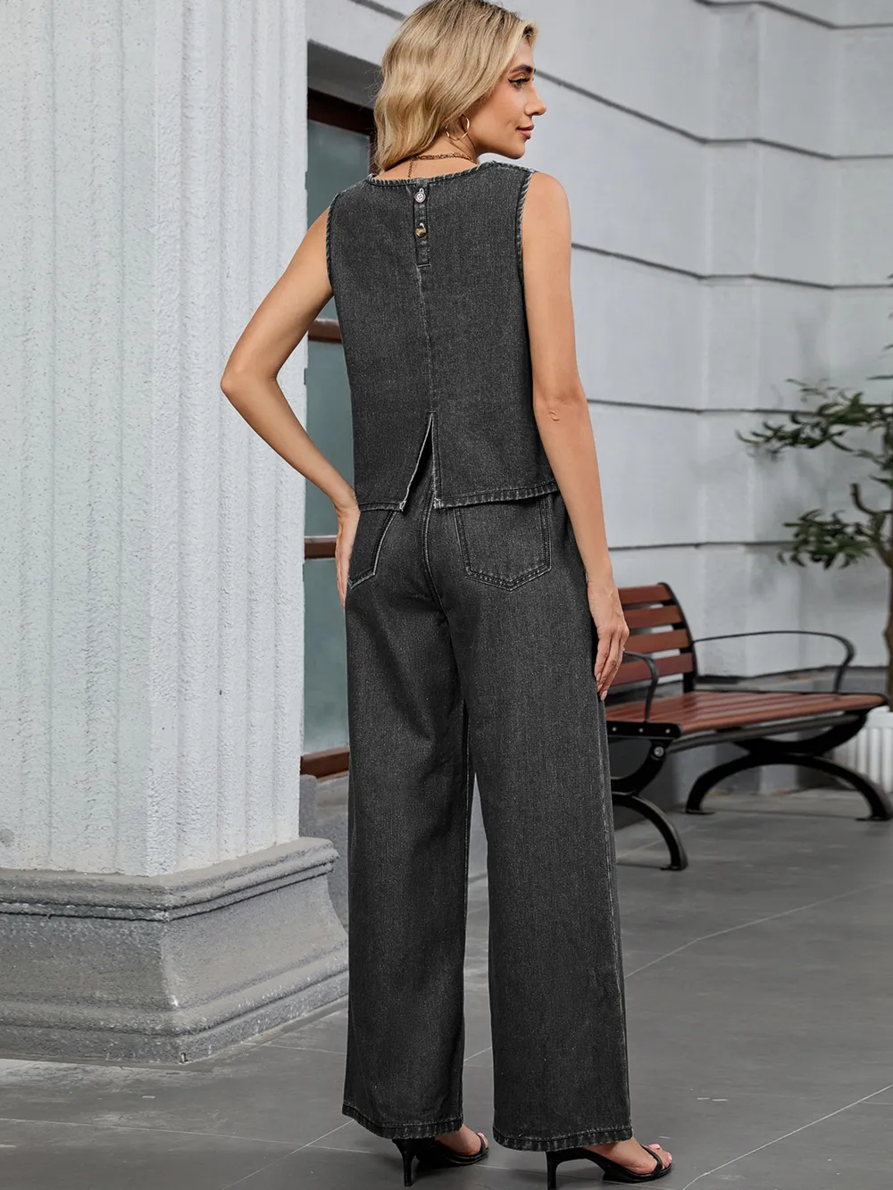 Round Neck Tank and Pants Denim Set, image 10