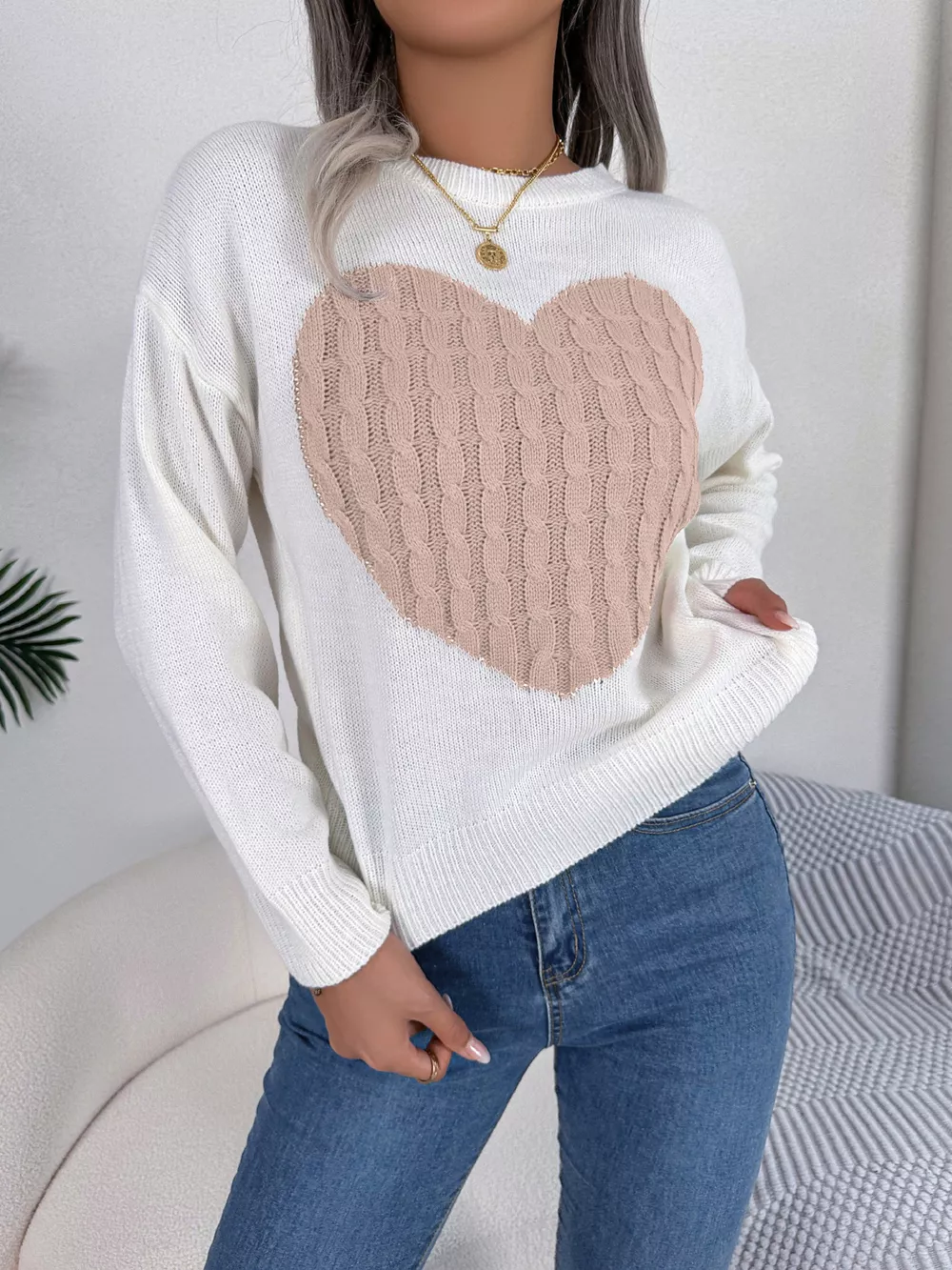 Cable Knit Heart Round Neck Sweater, image 7