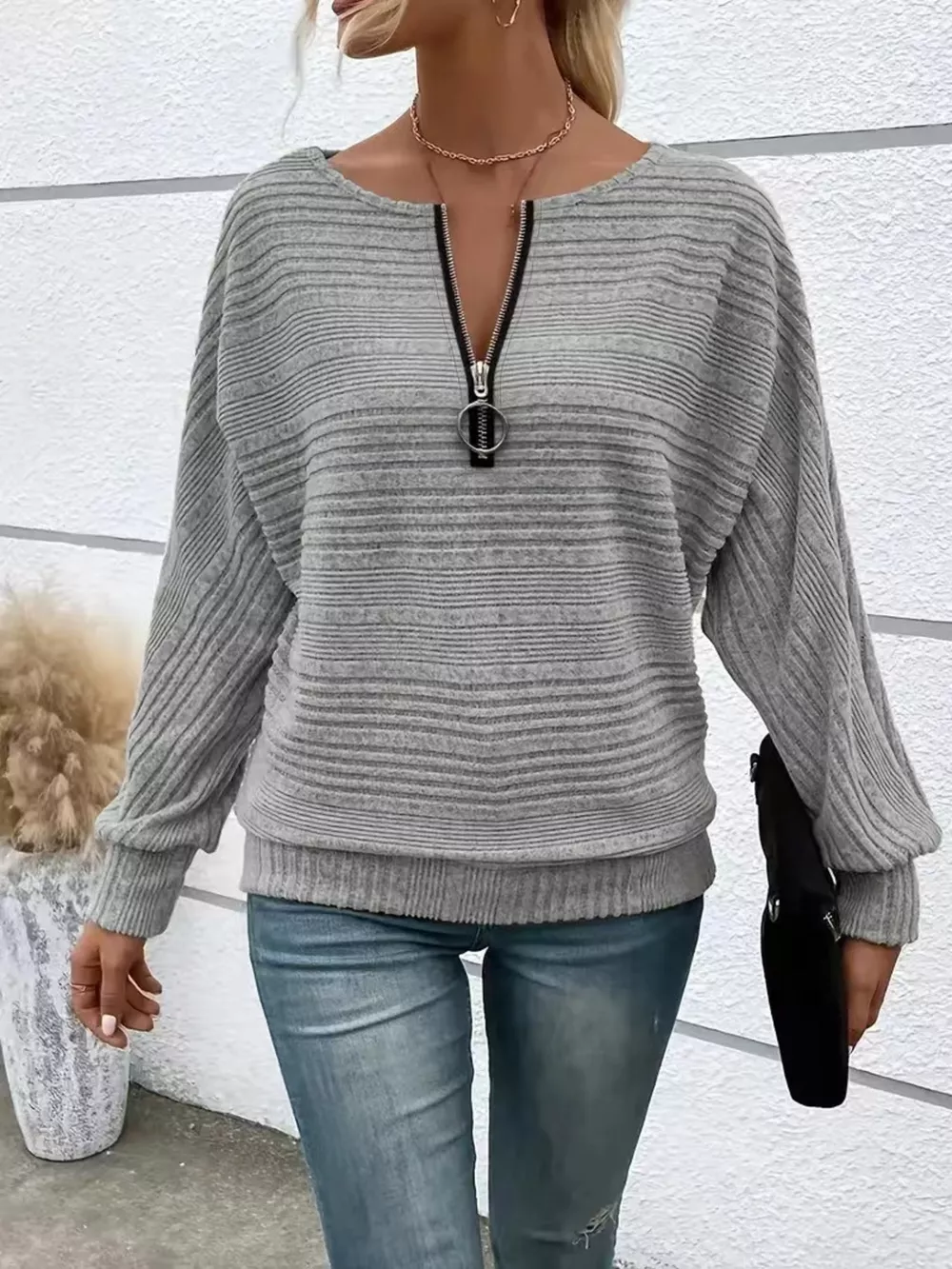 Ribbed Knit Quarter Zip Sweatshirt, image 15