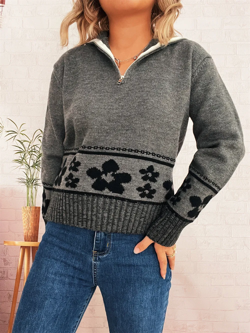 Flower Zip Collar Long Sleeve Sweater, image 11