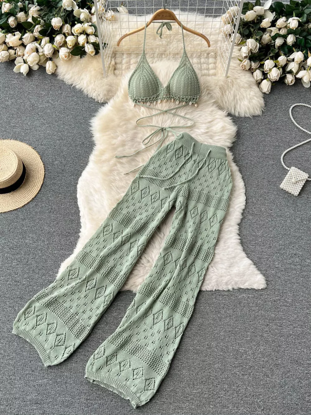 Crochet Knit Halter Neck Top and Wide Leg Pants Set, image 4