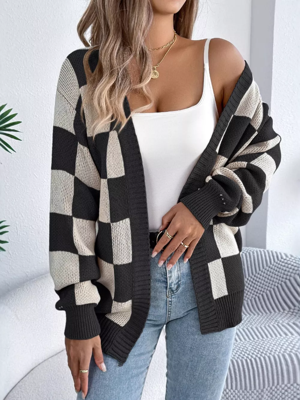 Checkerboard Pattern Open Front Knit Cardigan, image 3