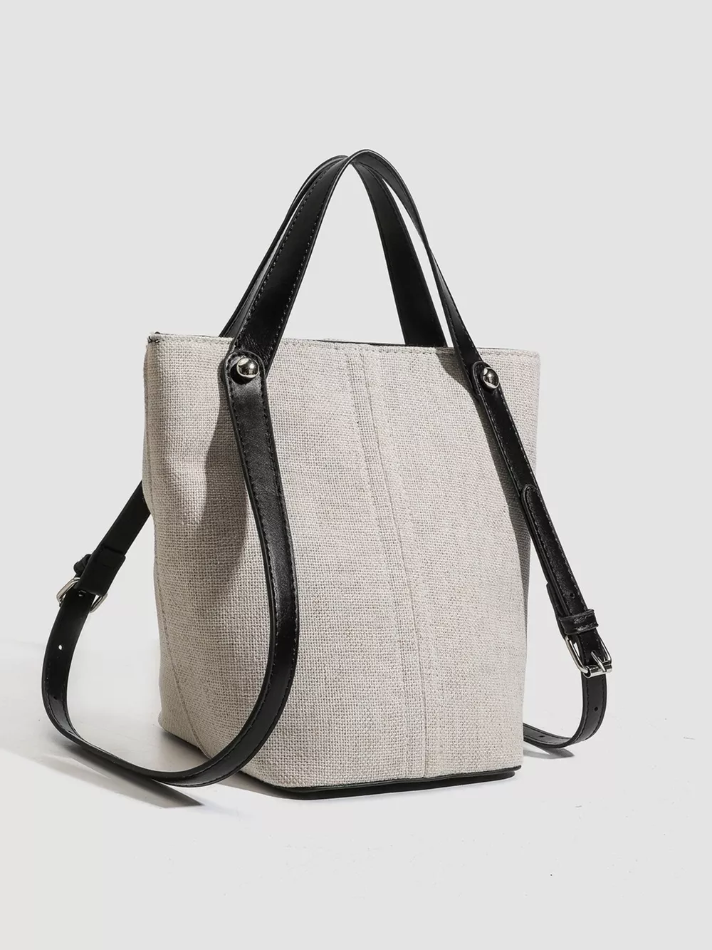 Canvas Bucket Handbag with Contrast Leather Straps