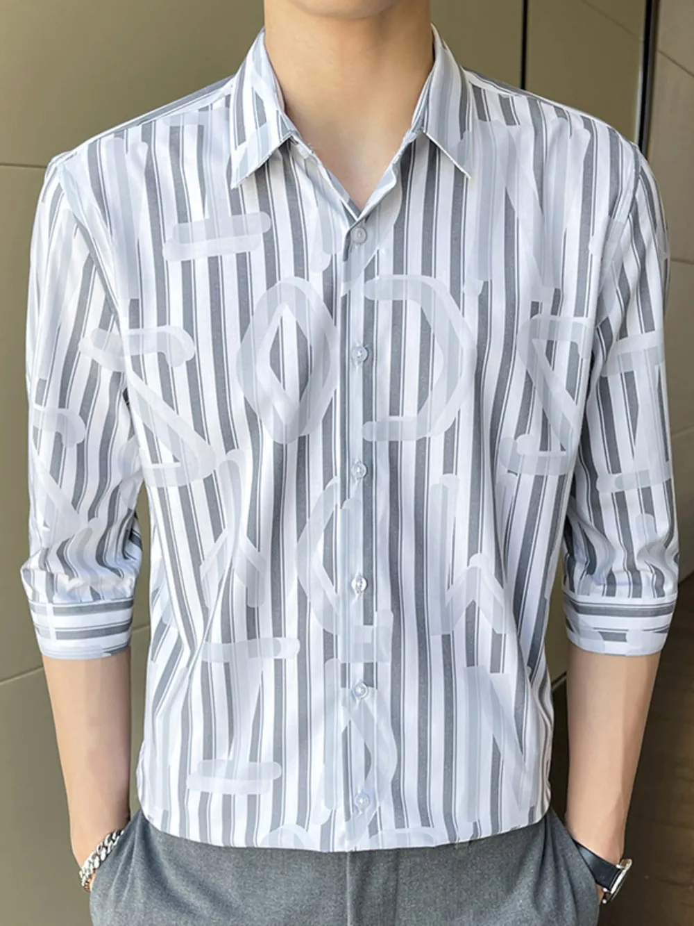Men's Plus Size Striped Pattern Slim Fit Shirt, image 2