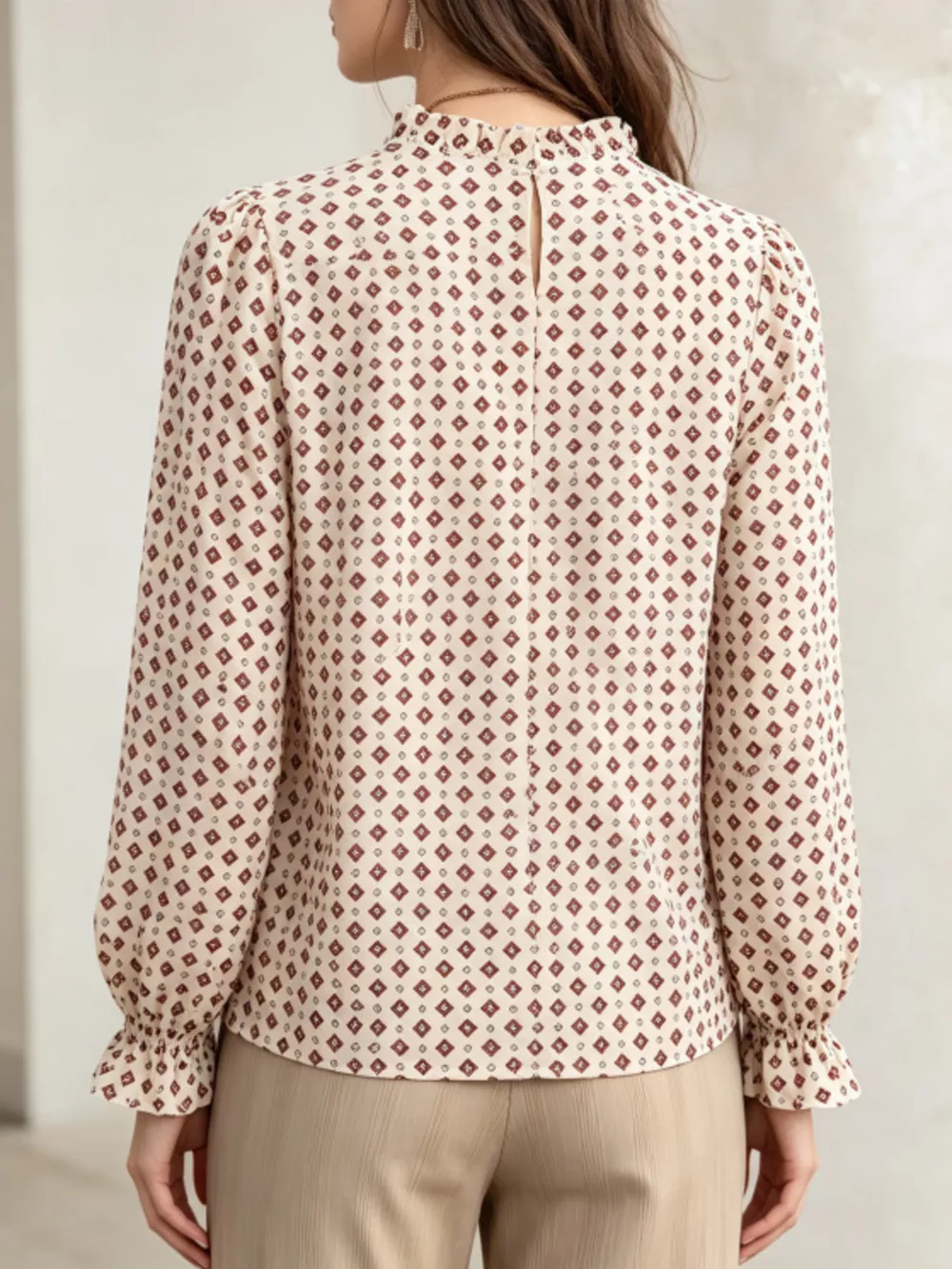 Geometric Print Mock Neck Puff Sleeves Blouse, image 8