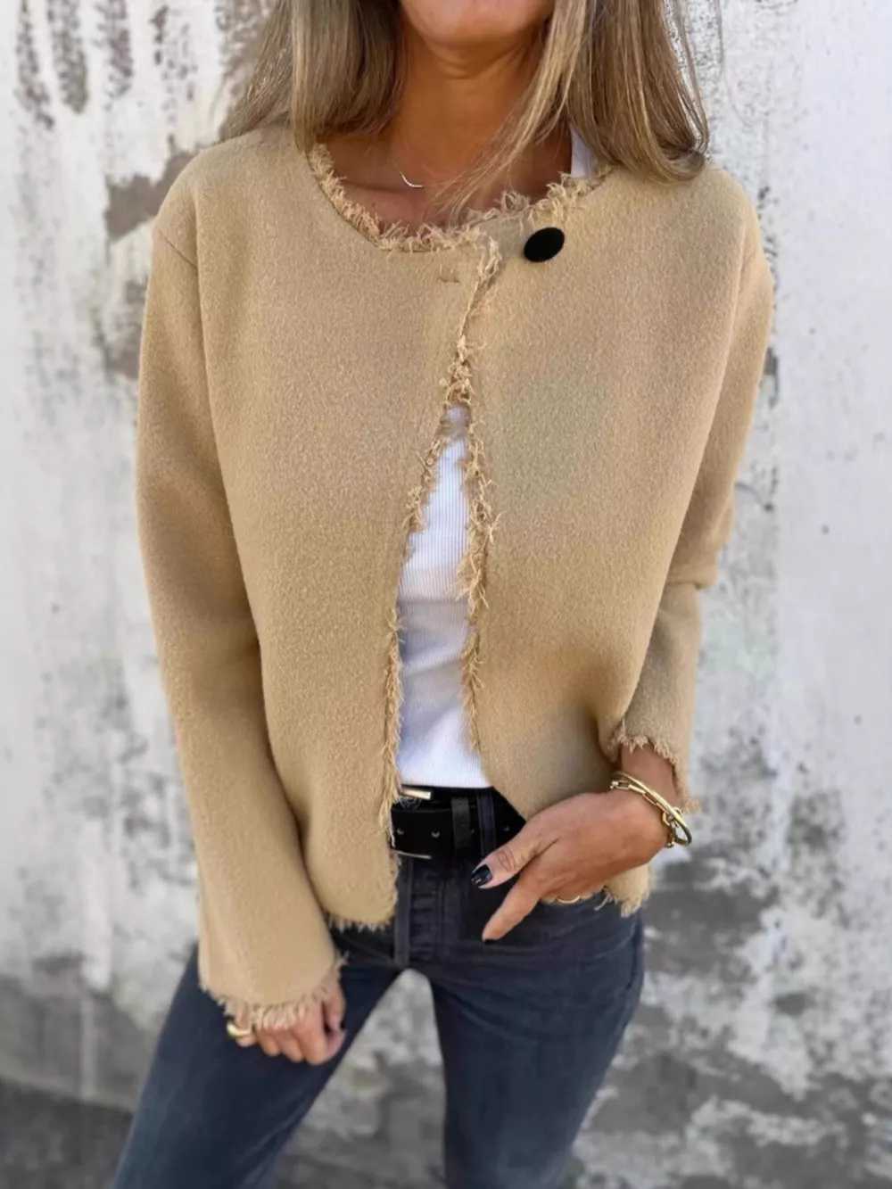 Full Size One Button Frayed Edge Cardigan Plus Size, image 2