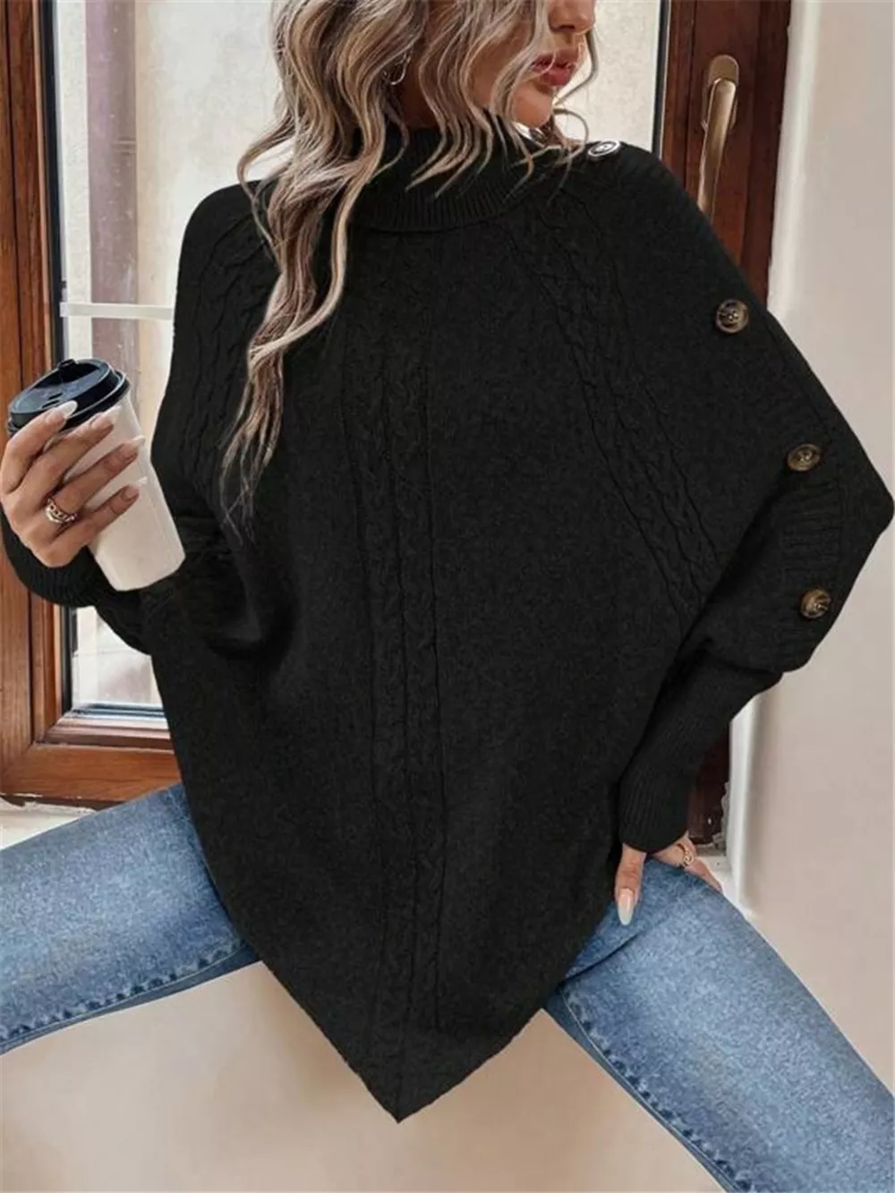 Cable Knit Turtleneck Cape Sweater, image 19